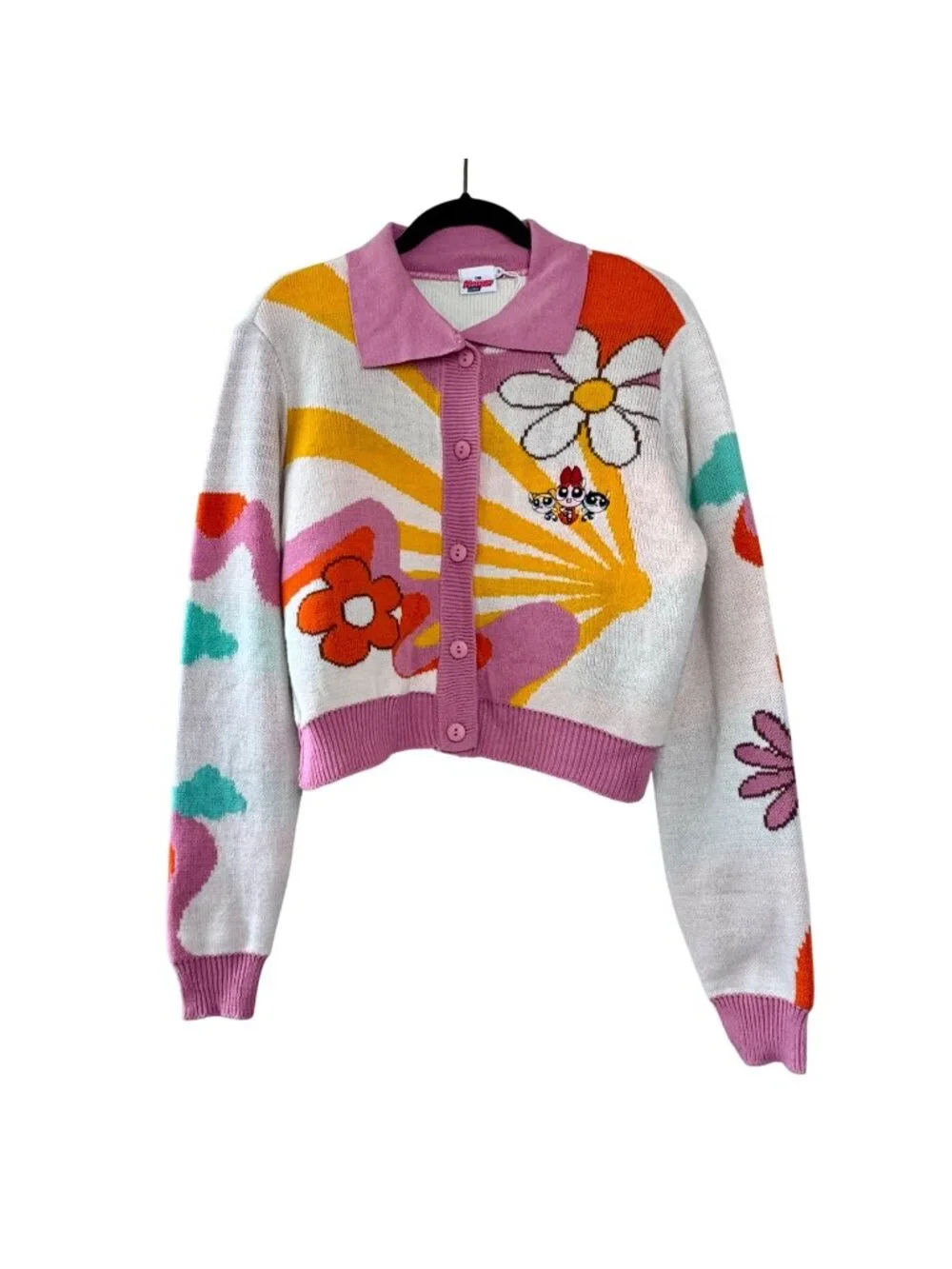 POWERPUFF GIRLS x SKINNYDIP Cropped Cardigan Womens M Retro Cartoon Rare HTF Y2K - Picture 1 of 7